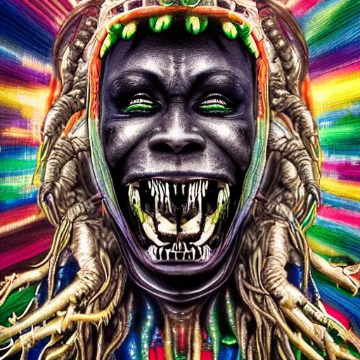 Psychodelic alien rasta portrait, dark, scary, dramatic studio lighting, very detailed, high contrast, intricate, detailed illustration, huge mouth with fangs and drool, christmas three, gifts, firework, 4k, realist, blackground,galaxy,teeth,robot,samurai,eart, finish, Trippy