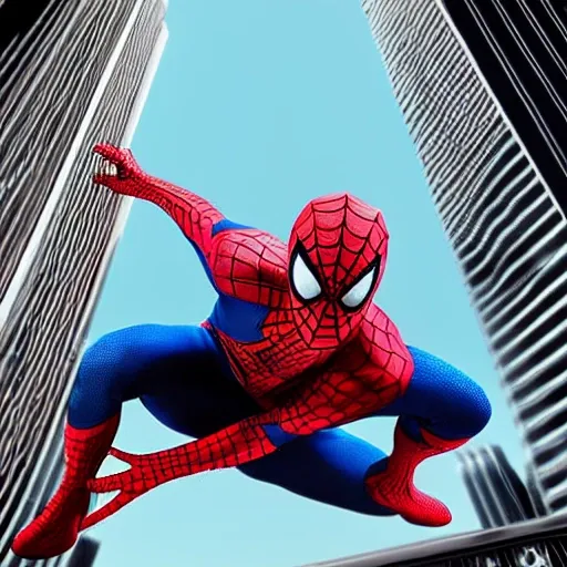 "Generate a drawing of Spiderman in a dynamic and exciting pose. Spiderman is swinging between skyscrapers in the city, with his red and blue suit gleaming under the sunlight. His web lines are extending through the air as he holds onto a rope with one hand, while his other hand is outstretched forward, ready to face off against villains. Behind him, tall buildings and a bustling cityscape can be seen. Make sure to capture Spiderman's agility and unique style in the drawing. Surprise me with your creativity!"
