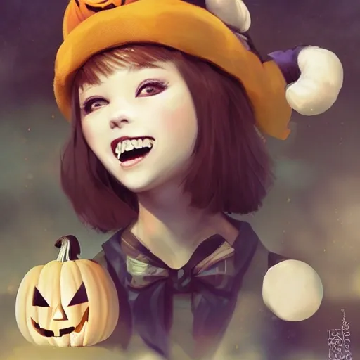 The personification of the Halloween holiday in the form of a cute girl with short hair and a villain's smile, (((cute girl)))cute hats, cute cheeks, unreal engine, highly detailed, artgerm digital illustration, woo tooth, studio ghibli, deviantart, sharp focus, artstation, by Alexei Vinogradov bakery, sweets, emerald eyes, midjourney