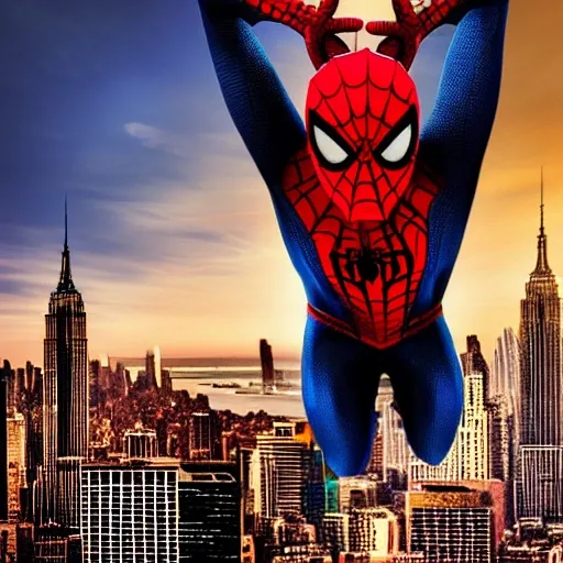 Spiderman, swinging through the streets of New York City at sunset, in a dynamic pose. He is wearing his classic red and blue costume, with a hint of modern redesign. The composition is inspired by the works of Alex Ross, Steve Ditko, and Todd McFarlane. The scene showcases Spiderman's agility and web-slinging abilities. The background features iconic city landmarks like the Empire State Building and the Brooklyn Bridge. The atmosphere is filled with a sense of excitement and action. The image is rendered in high-definition with vibrant colors and intricate details. It captures the essence of Spiderman as a beloved superhero, with his mask on, determined and ready to save the day.