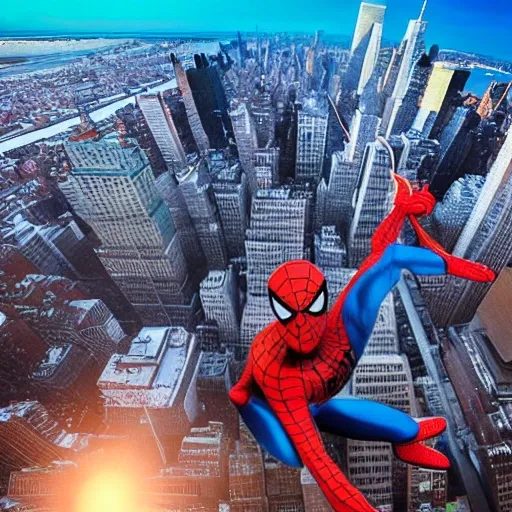 Spiderman, swinging through the streets of New York City at sunset, in a dynamic pose. He is wearing his classic red and blue costume, with a hint of modern redesign. The composition is inspired by the works of Alex Ross, Steve Ditko, and Todd McFarlane. The scene showcases Spiderman's agility and web-slinging abilities. The background features iconic city landmarks like the Empire State Building and the Brooklyn Bridge. The atmosphere is filled with a sense of excitement and action. The image is rendered in high-definition with vibrant colors and intricate details. It captures the essence of Spiderman as a beloved superhero, with his mask on, determined and ready to save the day.