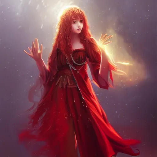 realistic portrait of innocent young teenage girl, magical d&d fantasy, dressed in red, straight curly hair, looking at a mirror, overflowing energy, highly detailed digital painting, trending on artstation, pixiv, concept art, sharp focus, illustration