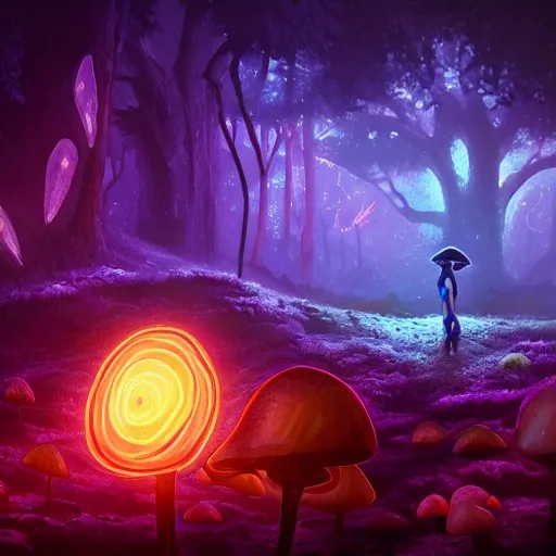 Girl sexy with concept art painting of a fantasy alien fungal landscape at night, with glowing blue lights, glowing blue mushrooms, dark purple sky, realistic, detailed, cel shaded, in the style of makoto shinkai and greg rutkowski and albert bierstadt and james gurney 