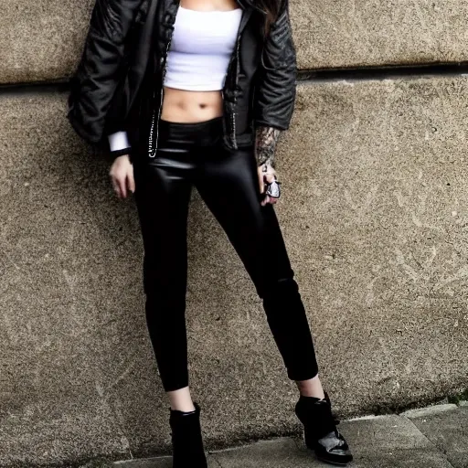 Girl sexy with tattos and jacket black and black pants, real and HD 4K Best quality