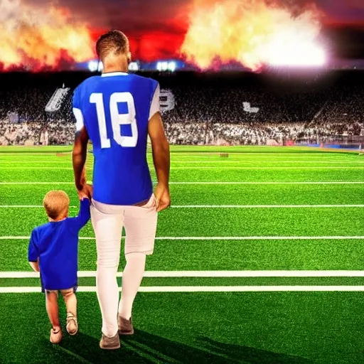 Generate a realistic image of a famous football player walking on the turf of a packed football stadium while holding hands with his son. The stadium is buzzing with excitement and energy, with fans cheering and waving flags. The football player is dressed in his game uniform and wearing the captain's armband. His son, who is wearing a small jersey with the same number and name as his father, is thrilled and smiling as they walk side by side. They are surrounded by bright lights emanating from the scoreboard and stadium floodlights. The team's colors and emblems are visible everywhere. Please ensure that the image has realistic quality and detail, capturing the excitement and happiness in the stadium atmosphere.