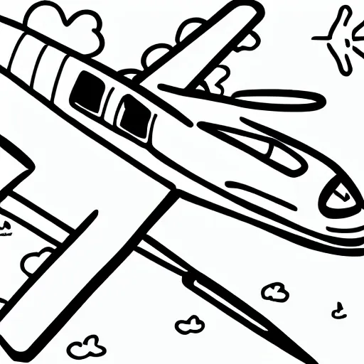 Create a simple black and white drawing that a child can color. The drawing should represent a airplane. Keep the design simple and easy to color. Please generate the image in black and white.