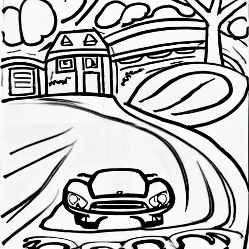 Create a simple black and white drawing that a child can color. The drawing should represent a car. Keep the design simple and easy to color. Please generate the image in black and white.