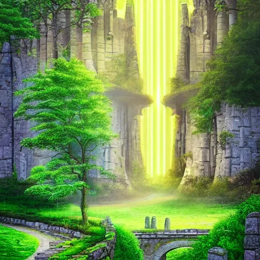 Dreamlikeart, medieval magical twin stone towers with a spiral staircase on the outside, connected by a bridge of light, windows illuminated yellow and green, natural lush deciduous forest surrounding the towers, surrealist, fantasy, landscape