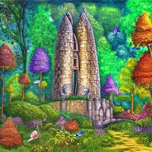 Dreamlikeart, medieval magical twin stone towers with a spiral staircase on the outside, connected by a bridge of light, windows illuminated yellow and green, natural lush deciduous forest surrounding the towers, surrealist, fantasy, landscape, The scene is framed by lush foliage, while colorful butterflies, fireflies and exotic birds dance through the air.