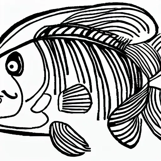 Create a simple black and white drawing that a child can color. The drawing should represent a fish. Keep the design simple and easy to color. Please generate the image in black and white