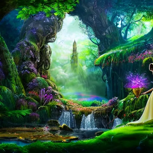 Style: Hyperrealistic. Scene: An enchanted forest bathed in sunlight, dotted with vibrant flowers and towering trees. Camera angle: wide shot, capturing the amazed expression of the protagonist as he stumbles upon a hidden waterfall with rainbow colored mist. The protagonist is a young ((human)) girl with a (((curly))) mane of golden hair, wearing a flowing ((elven)) dress that shimmers in the sun. The surface of the water reflects a realistic image of the girl, creating a dreamlike atmosphere and medieval magical stone towers with a spiral staircase on the outside, connected by a bridge of light, windows illuminated yellow and green, natural lush deciduous forest surrounding the towers, surrealist, fantasy, landscape, The scene is framed by lush foliage, while colorful butterflies, fireflies and exotic birds dance through the air. 