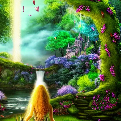 Style: Hyperrealistic. Scene: An enchanted forest bathed in sunlight, dotted with vibrant flowers and towering trees. Camera angle: wide shot, capturing the amazed expression of the protagonist as he stumbles upon a hidden waterfall with rainbow colored mist. The protagonist is a young ((human)) girl with a (((curly))) mane of golden hair, wearing a flowing ((elven)) dress that shimmers in the sun. The surface of the water reflects a realistic image of the girl, creating a dreamlike atmosphere and medieval magical stone towers with a spiral staircase on the outside, connected by a bridge of light, windows illuminated yellow and green, natural lush deciduous forest surrounding the towers, surrealist, fantasy, landscape, The scene is framed by lush foliage, while colorful butterflies, fireflies and exotic birds dance through the air , 3D