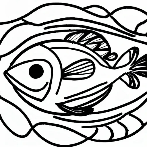 Create a simple black and white drawing that a child can color. The drawing should represent a fish. Keep the design simple and easy to color. Please generate the image in black and white