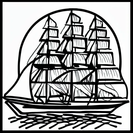 Create a simple black and white drawing that a person who is just learning to paint can color. The drawing should depict a ship. Keep the design simple and easy to color. Please generate the image in black and white."