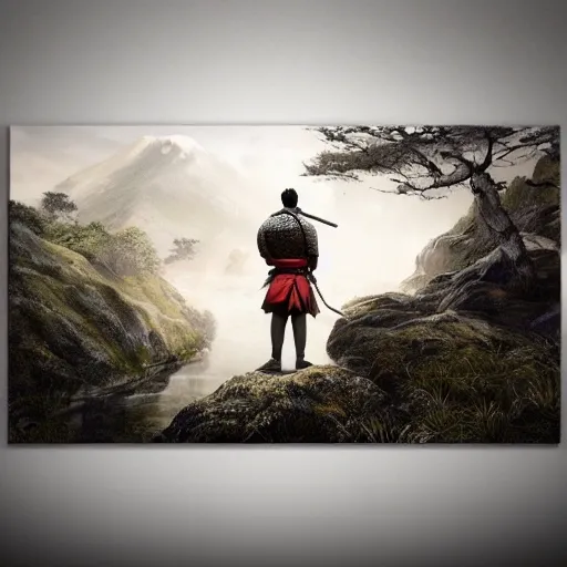 realistic art, 4 k, samurai standing upon a cliff,