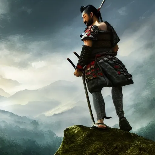 realistic art, 4 k, samurai standing upon a cliff, highly detailed