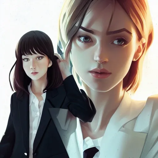 arcane style, Posh girl wearing an open blazer, tie, detailed portrait, cell shaded, 4 k, concept art, by wlop, ilya kuvshinov, artgerm, krenz cushart, greg rutkowski, pixiv. cinematic dramatic atmosphere, sharp focus, volumetric lighting, cinematic lighting, studio quality