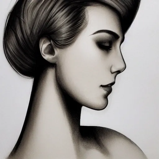 Generates a high-quality image that shows the side silhouette of a woman's face. The silhouette should emphasize the delicate facial contours and emphasize your unique beauty. The jaw line should be smooth and defined, creating a graceful and harmonious look. The profile of the nose must be refined and delicate, in balance with the rest of the facial structure. The lips should be subtle and elegant, adding a touch of femininity to the silhouette. Hair should fall smoothly around the face, enhancing the overall elegance of the image. The image must be of high resolution to capture all the details and subtleties of the facial silhouette. Make sure that the image reflects the beauty and grace of a unique woman, Pencil Sketch, Pencil Sketch