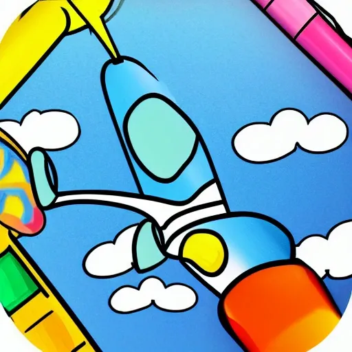Draw a simple airplane with a long body, wings on the sides, and a propeller at the front. Leave enough space for children to color the airplane. Make it fun and easy for little kids to paint!, Cartoon, 3D, realistic