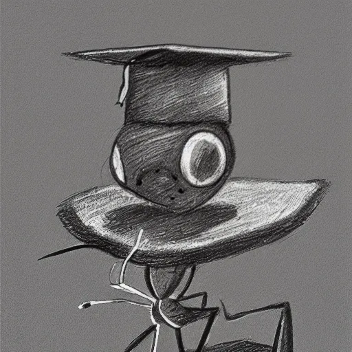 an ant wearing a graduation hat on its head, , Pencil Sketch