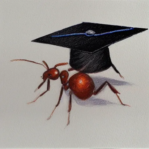 an ant wearing a graduation hat on its head, , Pencil Sketch, Oil Painting