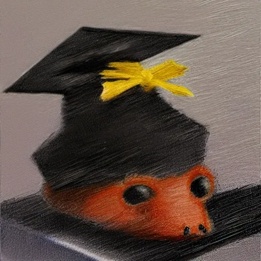 an ant wearing a graduation hat on its head, , Pencil Sketch, Oil Painting, Oil Painting