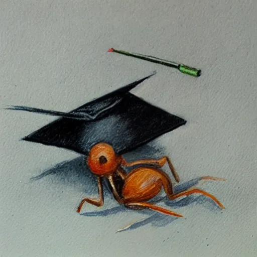 an ant wearing a graduation hat on its head, , Pencil Sketch, Oil Painting, Oil Painting, Water Color