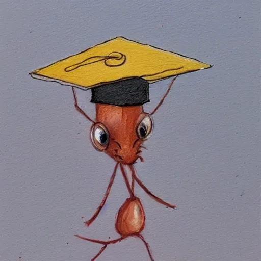 an ant wearing a graduation hat on its head, , Pencil Sketch, Oil Painting, Oil Painting, Water Color