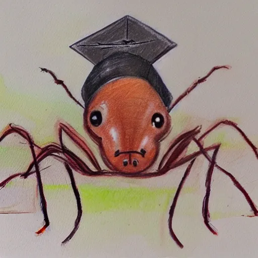 an ant wearing a graduation hat on its head, , Pencil Sketch, Oil Painting, Oil Painting, Water Color, Trippy, Cartoon