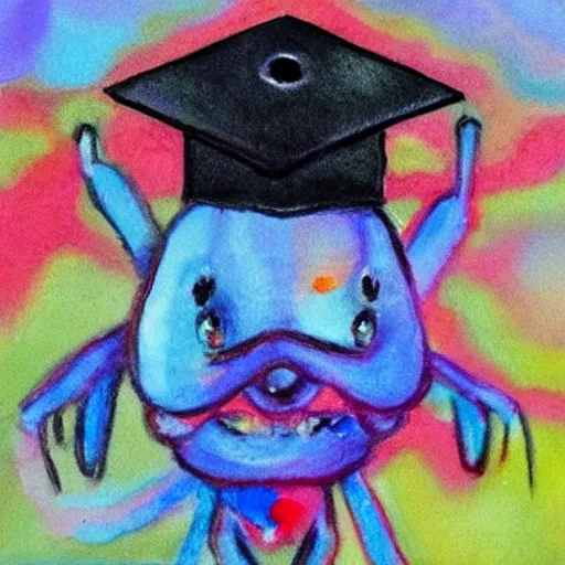 an ant wearing a graduation hat on its head, , Pencil Sketch, Oil Painting, Oil Painting, Water Color, Trippy, Cartoon, Trippy