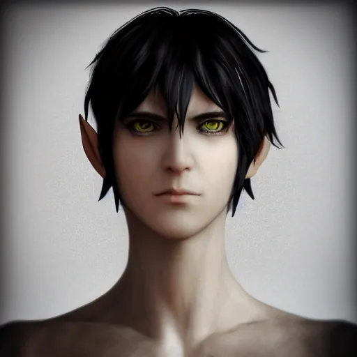 Elf, black hair, black eyes, charismatic, evil, fantasy, no accessories, male, (high quality), (8k), (detailed), (masterpiece), (((realistic hands)))