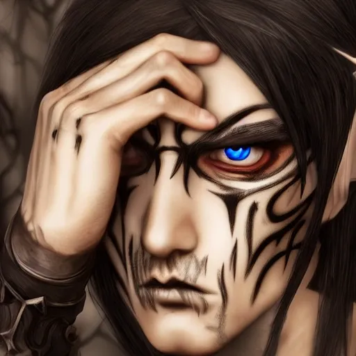 Elf, long black hair, black eyes, charismatic, evil, fantasy, no accessories, male, (high quality), (8k), (detailed), (masterpiece), (((realistic hands))), 3D