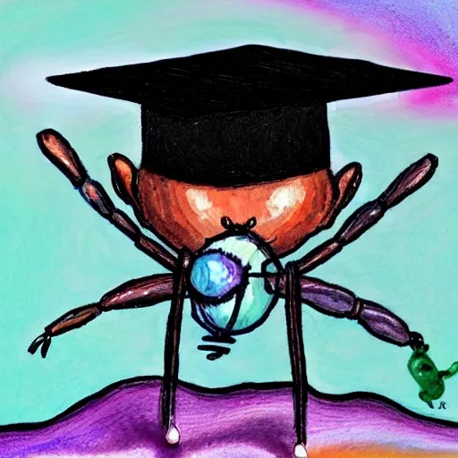 an ant wearing a graduation hat on its head, , Pencil Sketch, Oil Painting, Oil Painting, Water Color, Trippy, Cartoon, Trippy