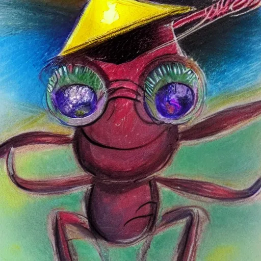 an ant wearing a graduation hat on its head, , Pencil Sketch, Oil Painting, Oil Painting, Water Color, Trippy, Cartoon, Trippy, Cartoon