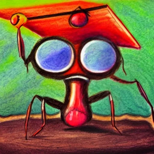 an ant wearing a graduation hat on its head, , Pencil Sketch, Oil Painting, Oil Painting, Water Color, Trippy, Cartoon, Trippy, Cartoon, Trippy