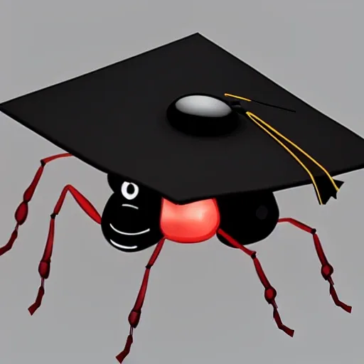 generate a representation of an ant wearing a graduation cap. Capture its pride and academic achievement in a memorable and charming image. Draw inspiration from the combination of its black exoskeleton and the distinctive cap, and convey the message that even the smallest creatures can achieve great goals., 3D