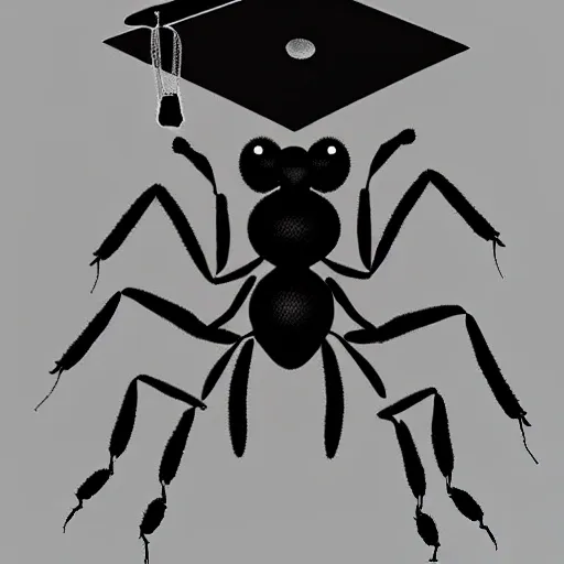 generate a representation of an ant wearing a graduation cap. Capture its pride and academic achievement in a memorable and charming image. Draw inspiration from the combination of its black exoskeleton and the distinctive cap, and convey the message that even the smallest creatures can achieve great goals., 3D