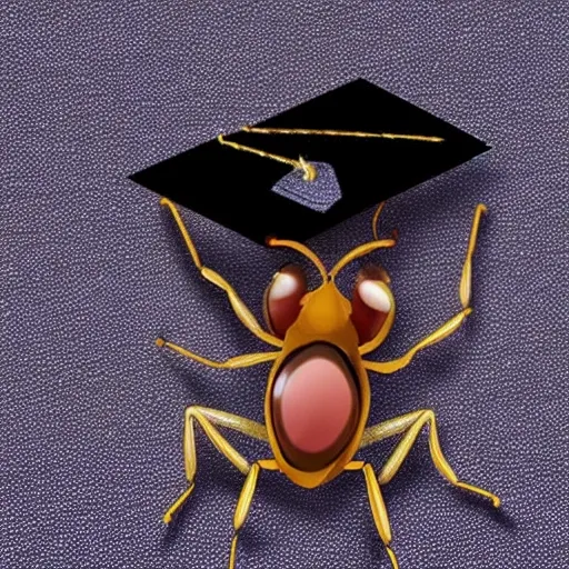 generate a representation of an ant wearing a graduation cap. Capture its pride and academic achievement in a memorable and charming image. Draw inspiration from the combination of its black exoskeleton and the distinctive cap, and convey the message that even the smallest creatures can achieve great goals., 3D