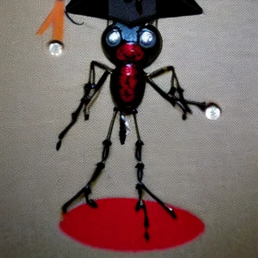 I command you to create a representation of an ant adorned with a graduation cap. This image should encapsulate the ant's remarkable academic accomplishment and exude a sense of pride. The ant, with its meticulously detailed exoskeleton, proudly dons the miniature cap atop its head, symbolizing its graduation milestone., Cartoon