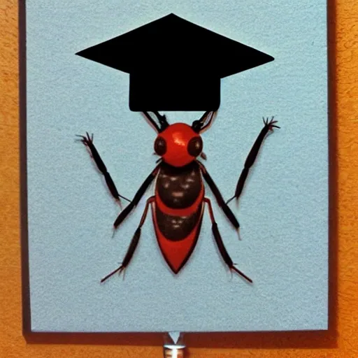 I command you to create a representation of an ant adorned with a graduation cap. This image should encapsulate the ant's remarkable academic accomplishment and exude a sense of pride. The ant, with its meticulously detailed exoskeleton, proudly dons the miniature cap atop its head, symbolizing its graduation milestone., Cartoon, Trippy