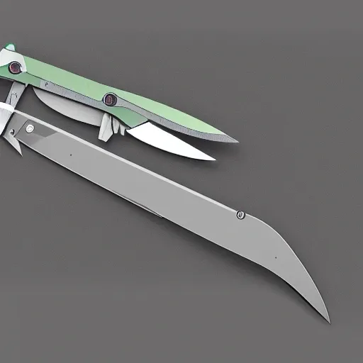 fully functional pocket knife technical drawing, one of a kind unique blade, ((blown apart view)),
 8k, masterpiece, 3D