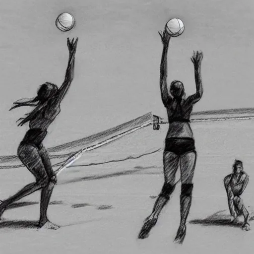 Women playing volleyball on the beach, Pencil Sketch, 3D, 3D, Pencil Sketch, 3D, 3D