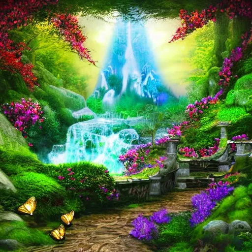 Style: Hyperrealistic. Scene: An enchanted forest bathed in sunlight, dotted with vibrant flowers and towering trees. Camera angle: wide shot, capturing the amazed expression of the protagonist as he stumbles upon a hidden waterfall with rainbow colored mist. The protagonist is a young ((human)) girl with a (((curly))) mane of golden hair, wearing a flowing ((elven)) dress that shimmers in the sun. The surface of the water reflects a realistic image of the girl, creating a dreamlike atmosphere and medieval magical stone towers with a spiral staircase on the outside, connected by a bridge of light, windows illuminated yellow and green, natural lush deciduous forest surrounding the towers, surrealist, fantasy, landscape, The scene is framed by lush foliage, while colorful butterflies, fireflies and exotic birds dance through the air.