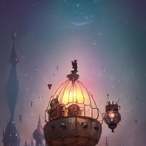 a beautiful stunning fantasy whimsical matte digital illustration of a hot air balloon powered by magic over a lit city at night by marc simonetti, pastel color palette, disney magic the gathering steampunk, intricate, highly detailed, chiaroscuro magical bokeh moon stars, ultra wide shot, scenic, trending on artstation hq, masterpiece