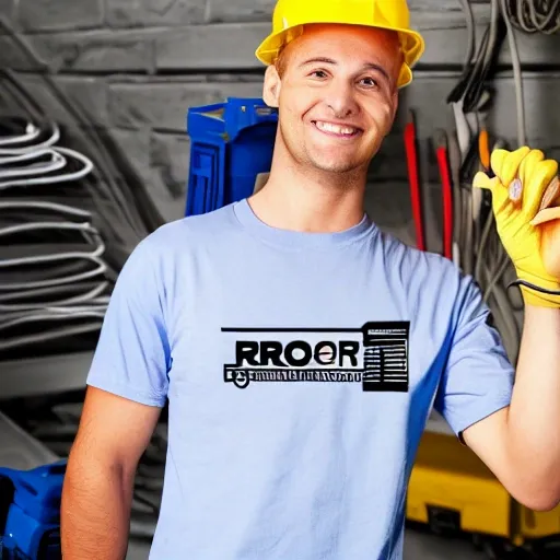 a electrician, shirt written home pros company logo
