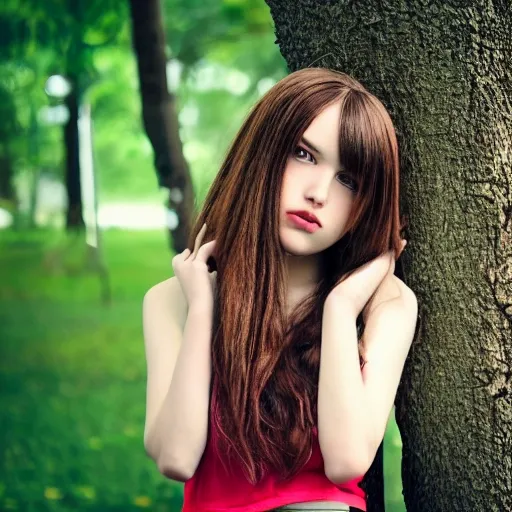 (masterpiece), best quality, expressive eyes, perfect face, blurry, depth of field, blurry foreground, blurry background, denim, rating:safe, 1girl, photo \(medium\), denim shorts, jeans, solo, midriff, lips, motion blur, 3d, outdoors, crop top, bokeh, red lips, black hair, pants, nail polish, red shirt, long hair, tree, shorts, cosplay photo, chromatic aberration, day, photo background, short hair, curly hair, clear brown eyes, black hair