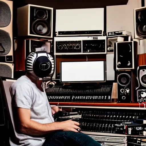 a music producer ninja in his room full of music equipment and instruments, Cartoon, Cartoon