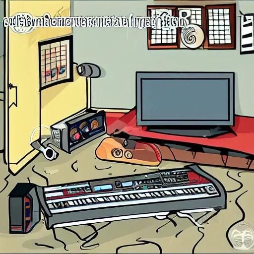 A ninja in his room full of music equipment and instruments, Cartoon, 