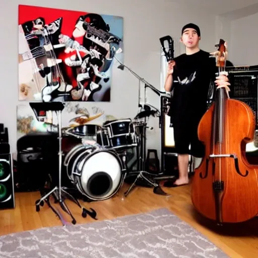 A ninja in his room full of music equipment and instruments,, Trippy