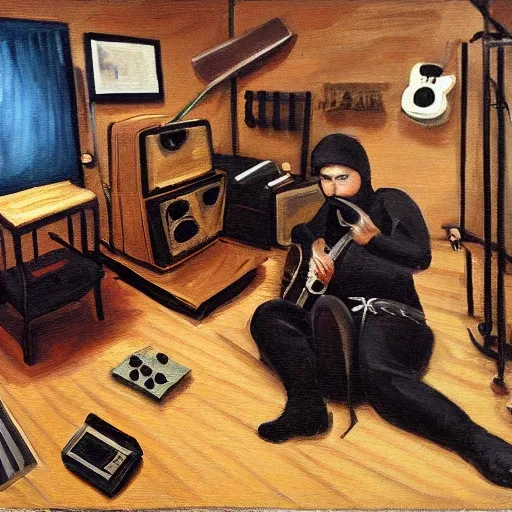 A ninja in his room full of music equipment and instruments, Oil Painting